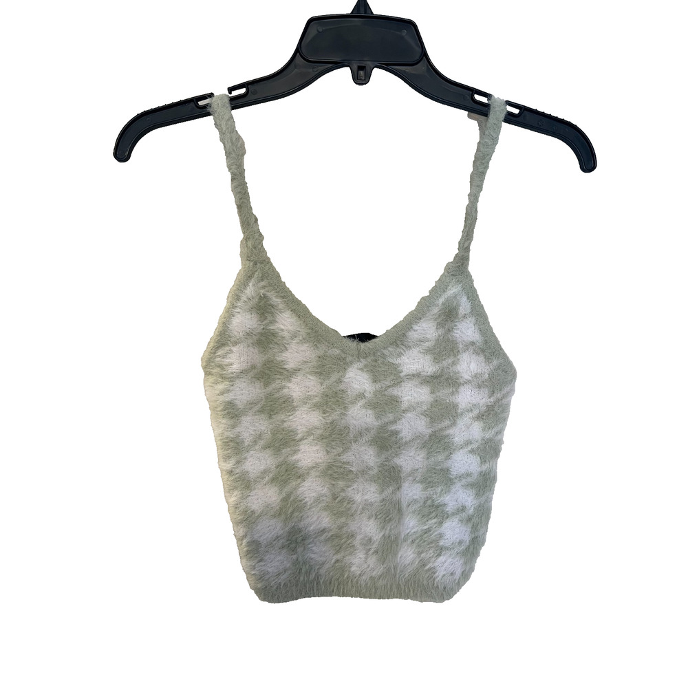 Nikka K Houndstooth Cropped Vest Women's Small Green White Fuzzy Knit Preppy Y2K